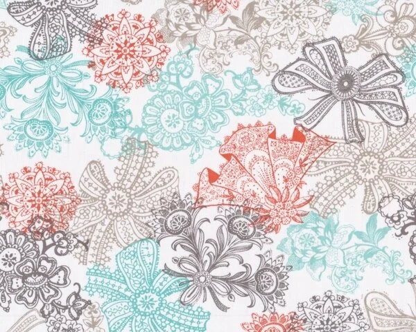 Patchworkstoff "Love Lace" mit Ornamentmuster-Schleifen, türkis-lachsrot-weiß