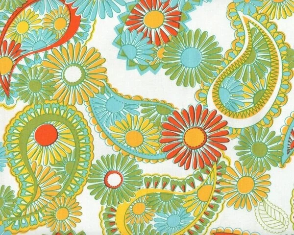 Patchworkstoff LOVELORN, große Paisleys, türkis-grasgrün
