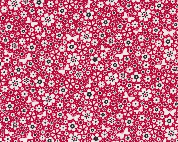 Patchworkstoff "Masquerade Party" mit Streublümchen und Schmetterlingen, kräftiges rot-weiß-schwarz