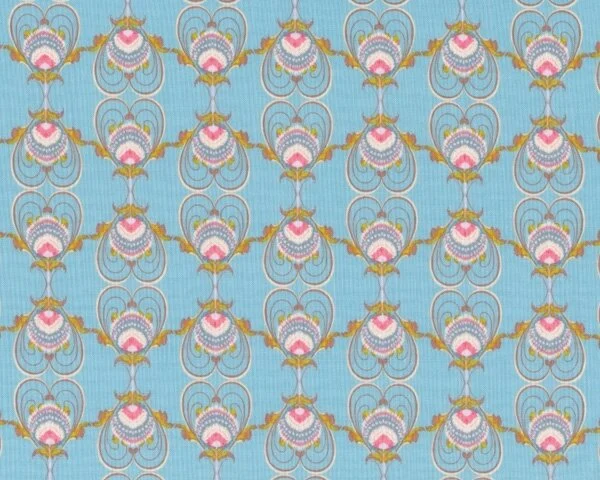 Patchworkstoff MEMORY LANE, gespiegelte Herz-Ornamente, hellblau