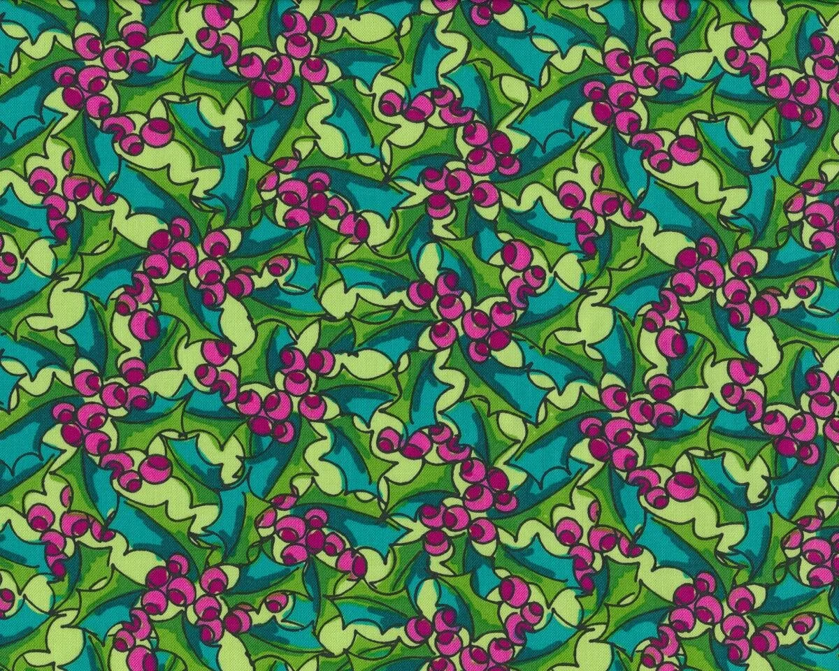 Patchworkstoff MERRY LITTLE CHRISTMAS, Comic-Ilex, grasgrün-petrol