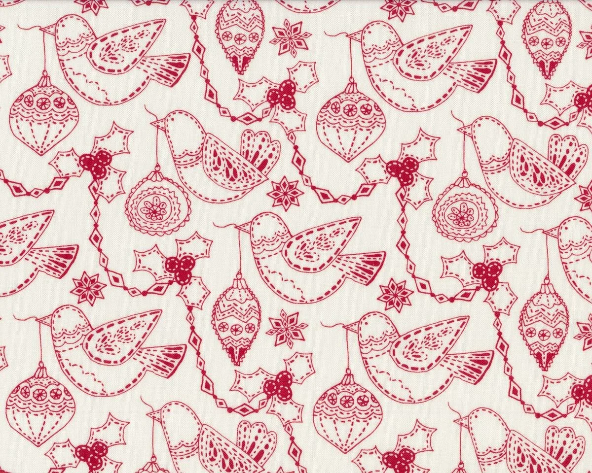 Patchworkstoff MERRY MERRY, gestickte Vögel, gebrochenes weiß-dunkelrot, Moda Fabrics