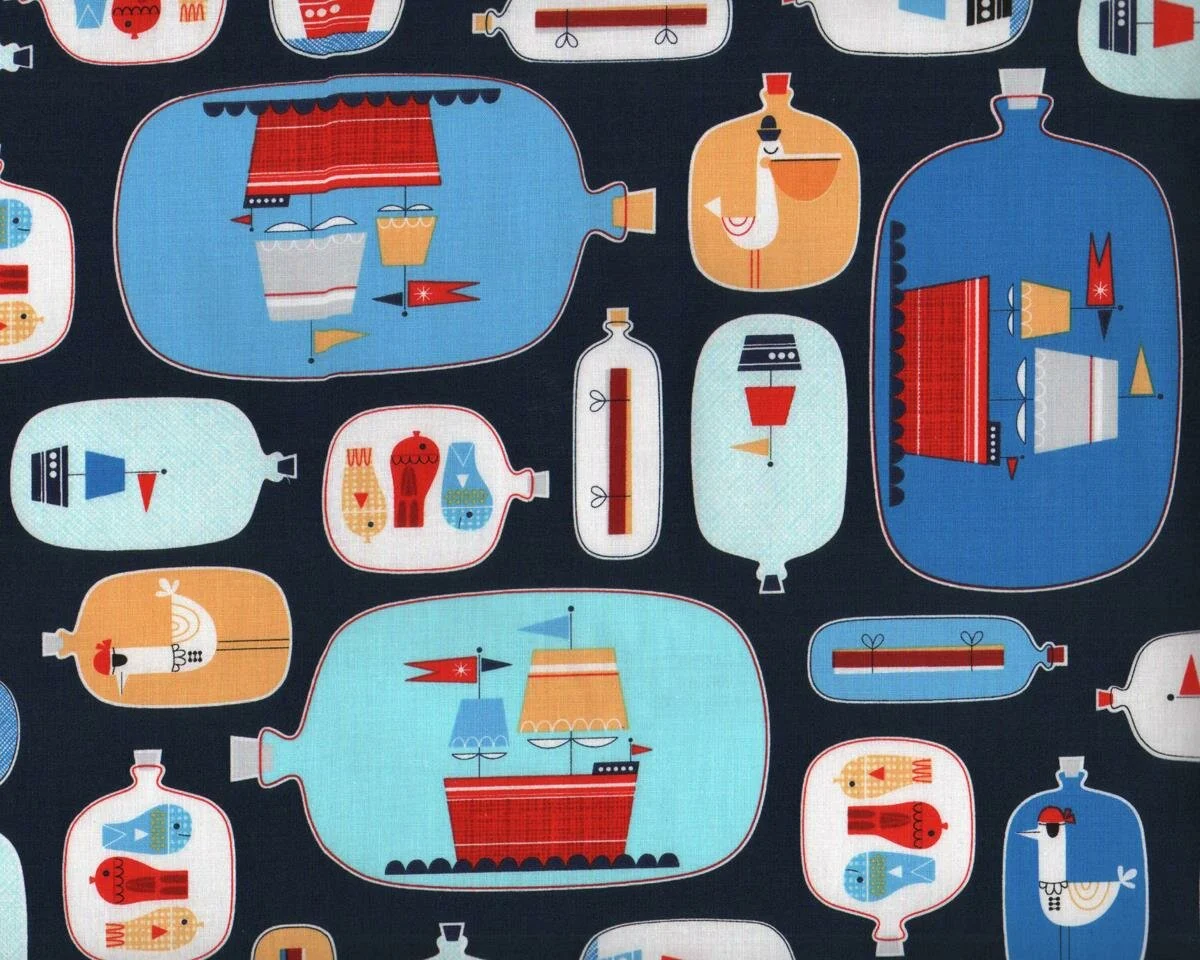 Patchworkstoff MESSAGE IN A BOTTLE, Flaschenpost und Buddelschiff, blau, Robert Kaufmann