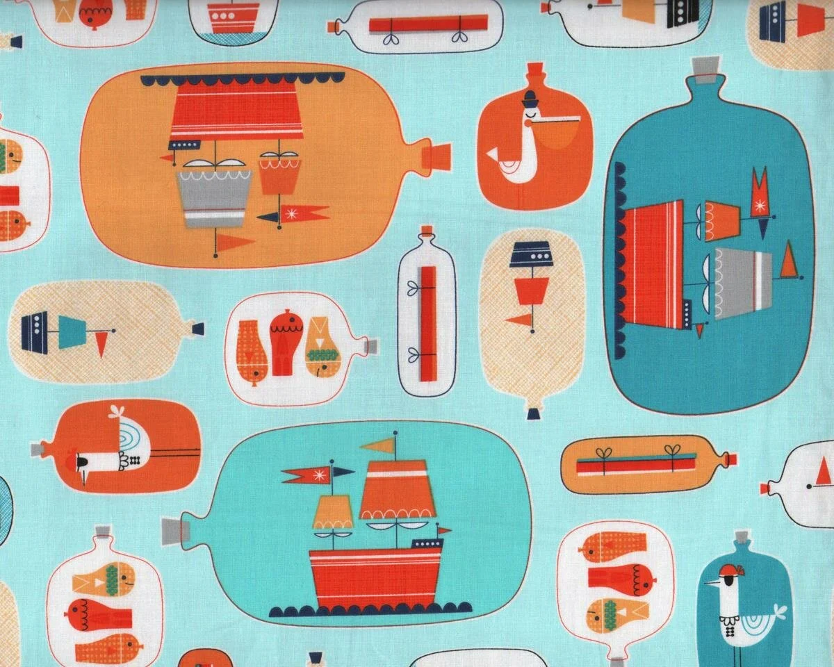 Patchworkstoff MESSAGE IN A BOTTLE, Flaschenpost und Buddelschiff, orange, Robert Kaufmann