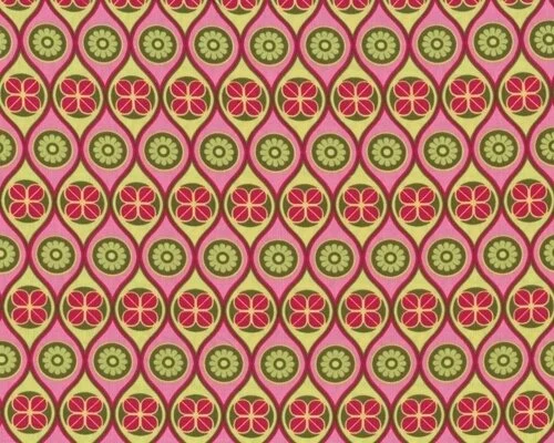 Patchworkstoff "Mezzanines" Wellen mit Blüten- und Kleeblatt-Kreisen, pink-hellgrün
