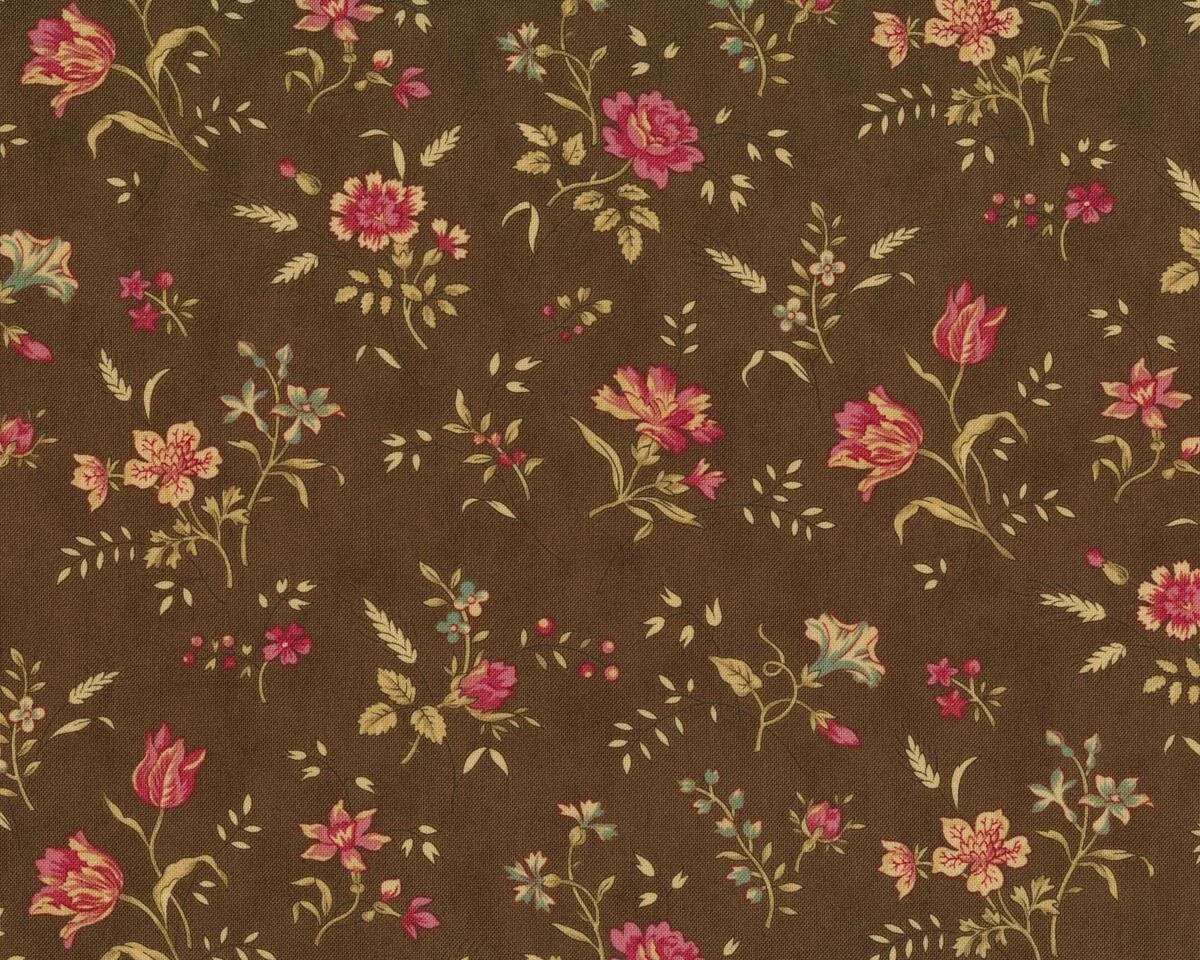 Patchworkstoff MILLE COULEURS, Blütenzweige mit Rosen und Tulpen, braun, Moda Fabrics