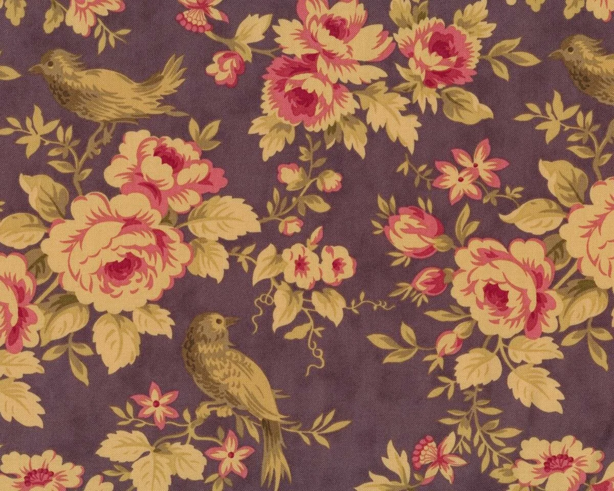 Patchworkstoff MILLE COULEURS, Vögel auf Rosenzweigen, stumpfes aubergine, Moda Fabrics