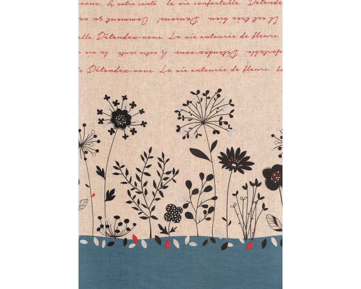 Patchworkstoff mit Leinen, Canvas LECRE, Blumenbordüre, blau, Koko Seki