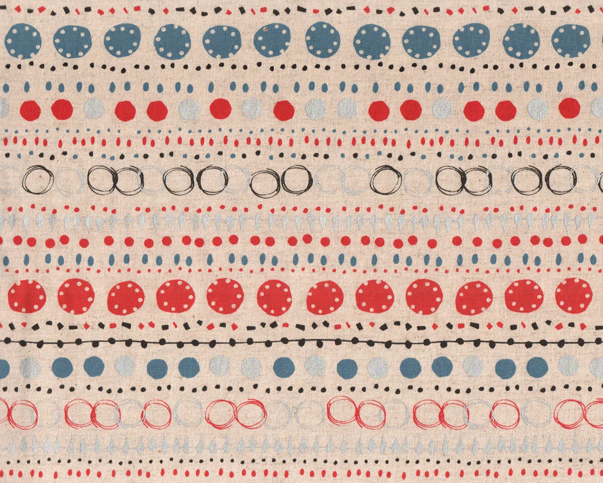 Patchworkstoff mit Leinen, Canvas LECRE, Tupfen-Reihen, natur-rot, Koko Seki