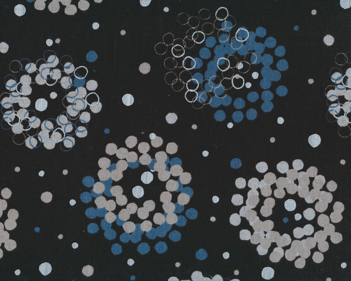 Patchworkstoff mit Leinen, Canvas LECRE, Tupfenkränze, schwarz-blau, Koko Seki