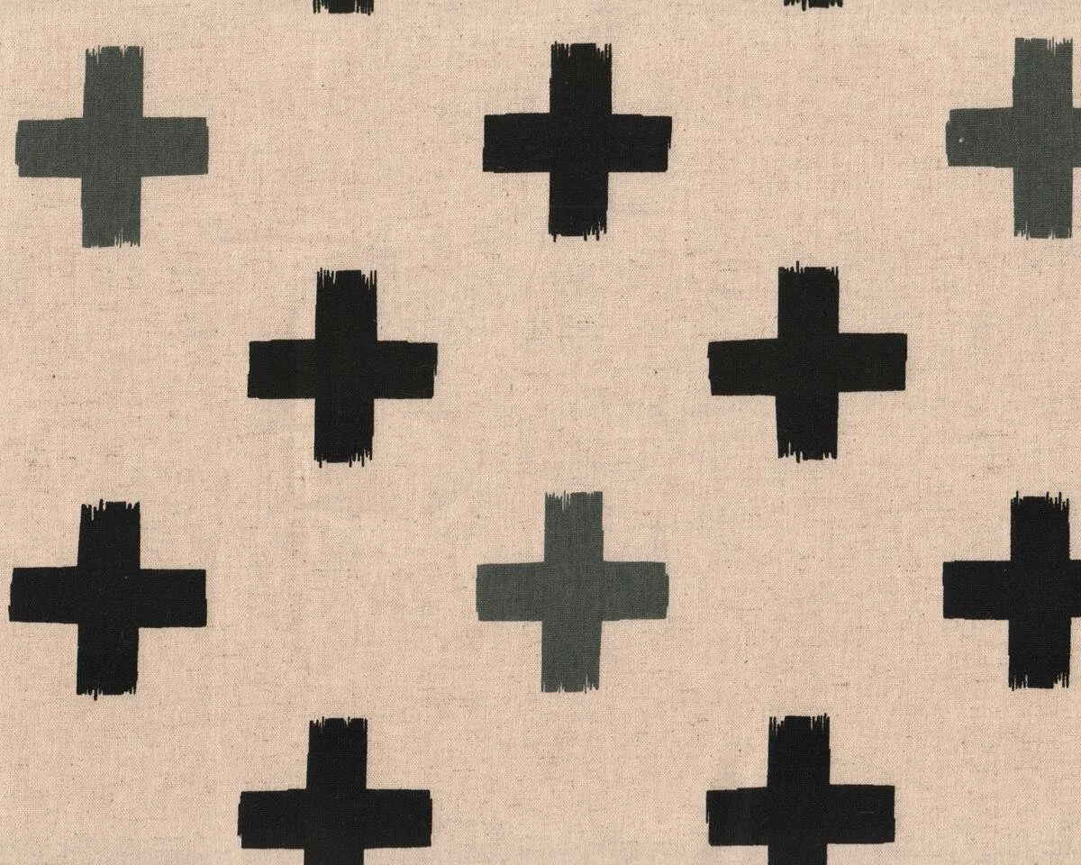 Patchworkstoff mit Leinen JUNA CROSS, große Kreuze, natur-schwarz