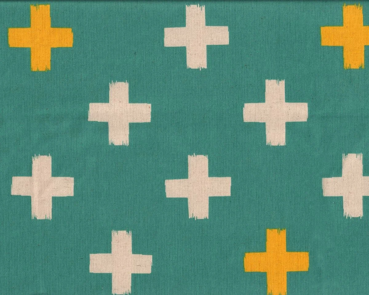 Patchworkstoff mit Leinen JUNA CROSS, große Kreuze, petrol-maisgelb