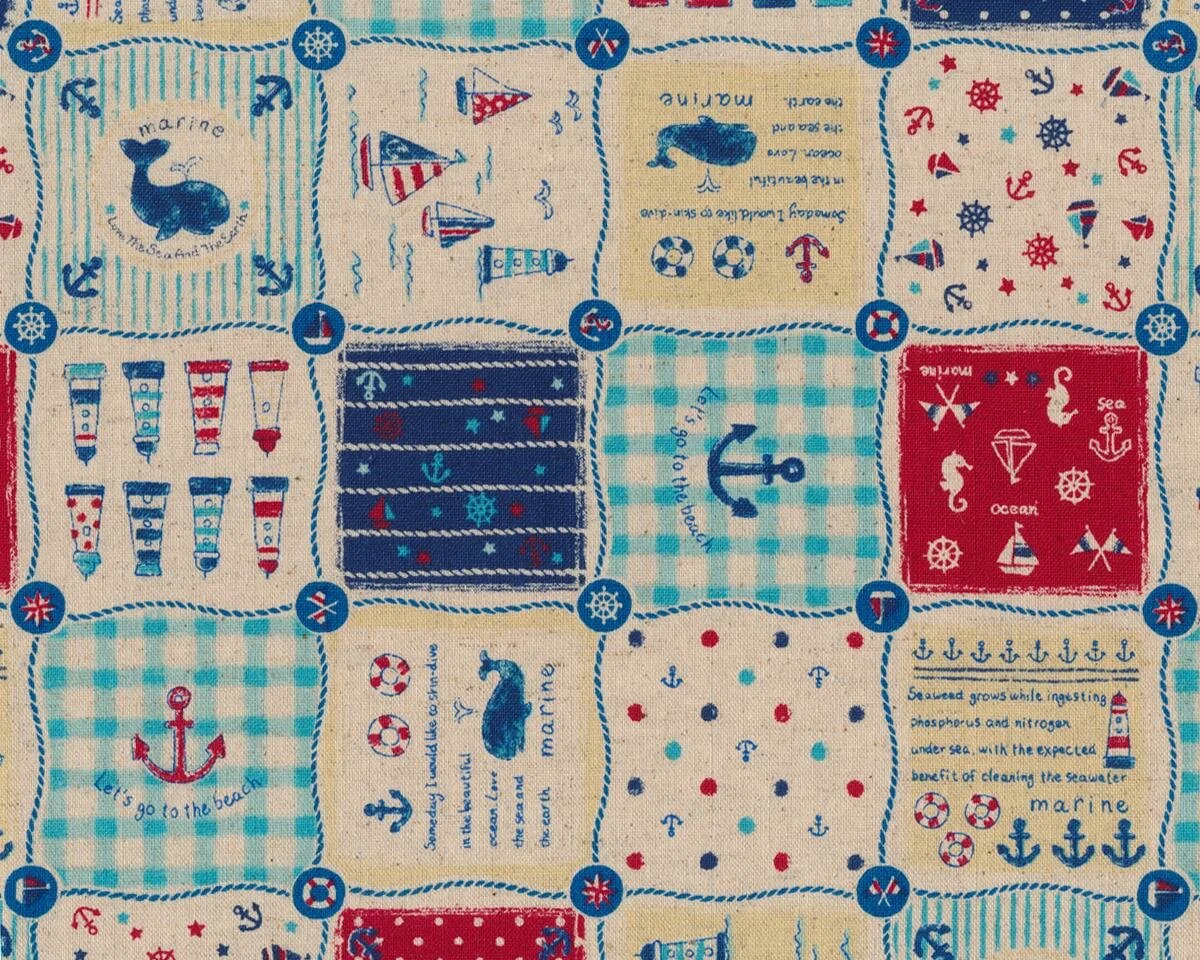 Patchworkstoff mit Leinen MARITIM SYMBOLS, maritime Motive, natur-dunkelblau