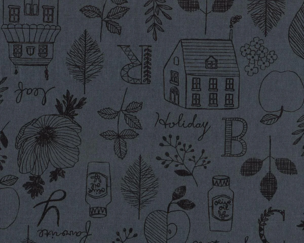 Patchworkstoff mit Leinen OLIVERA, Blätter und Häuser, blaugrau-schwarz