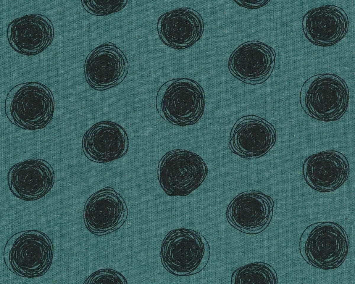 Patchworkstoff mit Leinen OLIVERA, Kritzelkreise, grüngrau-schwarz