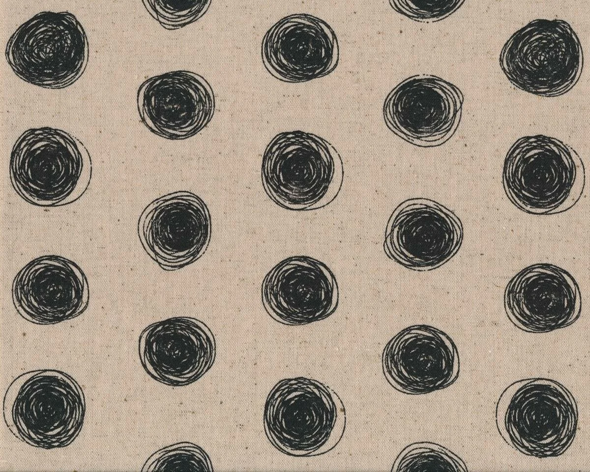 Patchworkstoff mit Leinen OLIVERA, Kritzelkreise, natur-schwarz