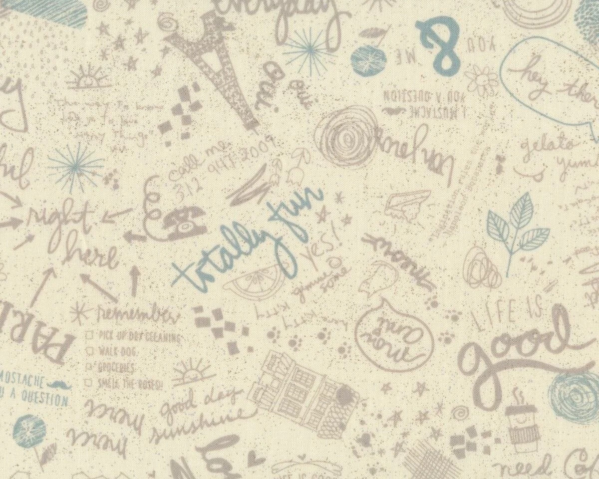 Patchworkstoff MON AMI, Schrift und Skizzen, creme-helles beigegrau, Moda Fabrics