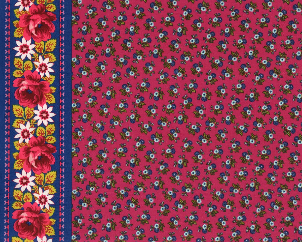 Patchworkstoff NEPTUNE & THE MERMAID, kleine Röschen mit Bordüre, fuchsia-ultramarinblau