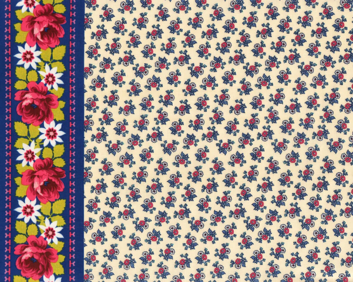 Patchworkstoff NEPTUNE & THE MERMAID, kleine Röschen mit Bordüre, hellbeige-ultramarinblau