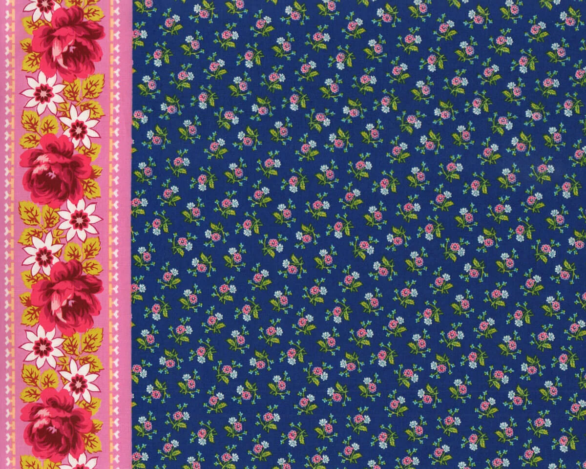 Patchworkstoff NEPTUNE & THE MERMAID, kleine Röschen mit Bordüre, ultramarinblau-rosa