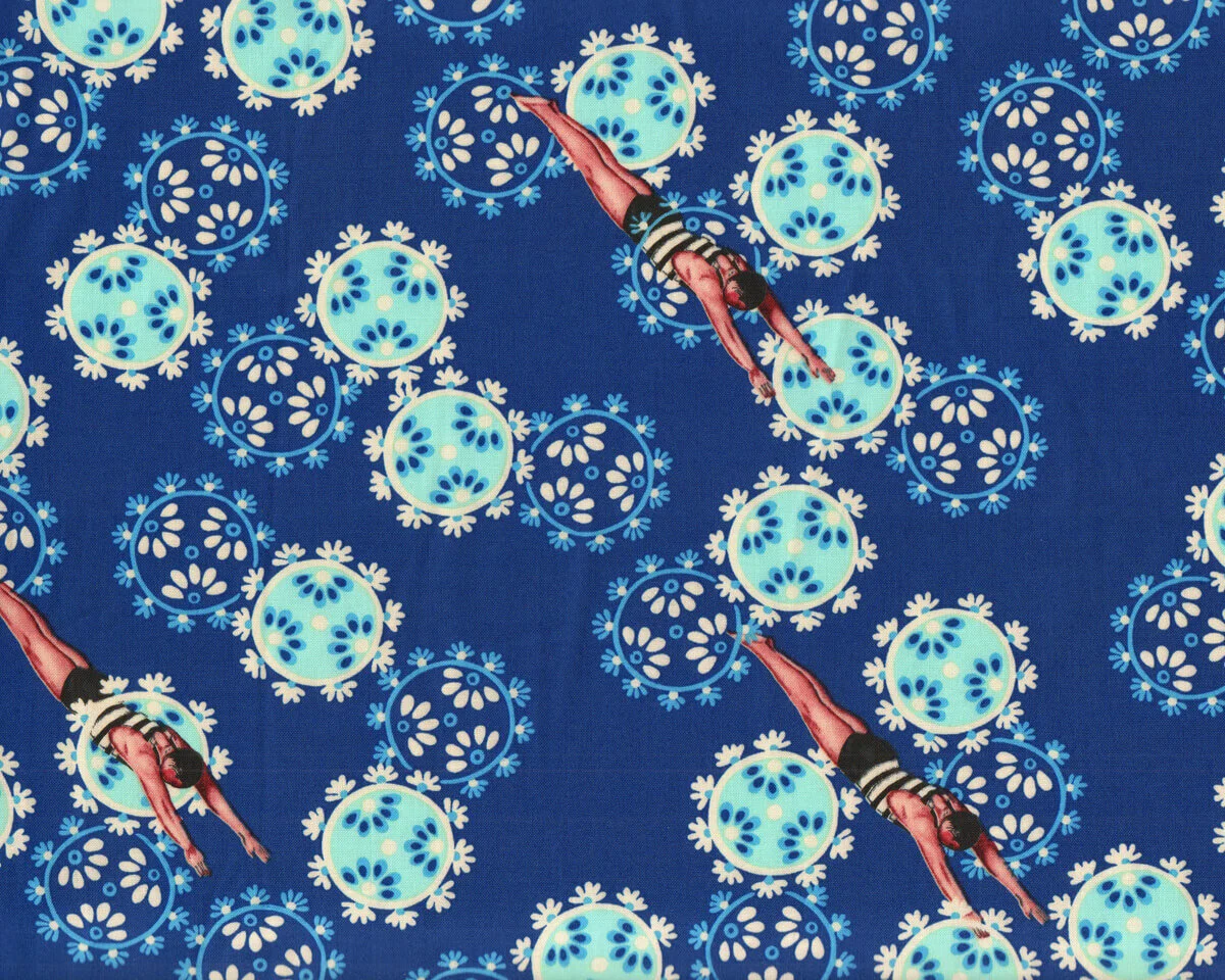 Patchworkstoff NEPTUNE & THE MERMAID, Retro-Schwimmer, ultramarinblau-türkis