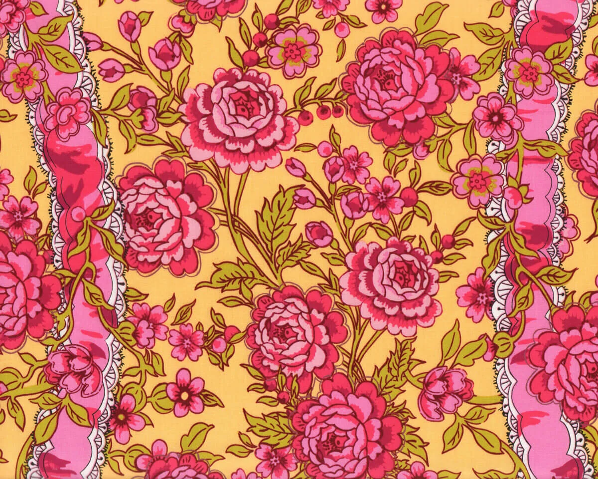 Patchworkstoff NEPTUNE & THE MERMAID, Rosenbouquets mit Borte, helles maisgelb-fuchsia