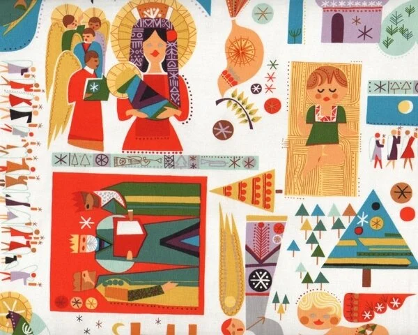 Patchworkstoff NEWBORN KING, Retro Weihnachten, rot-moosgrün-gedecktes blau