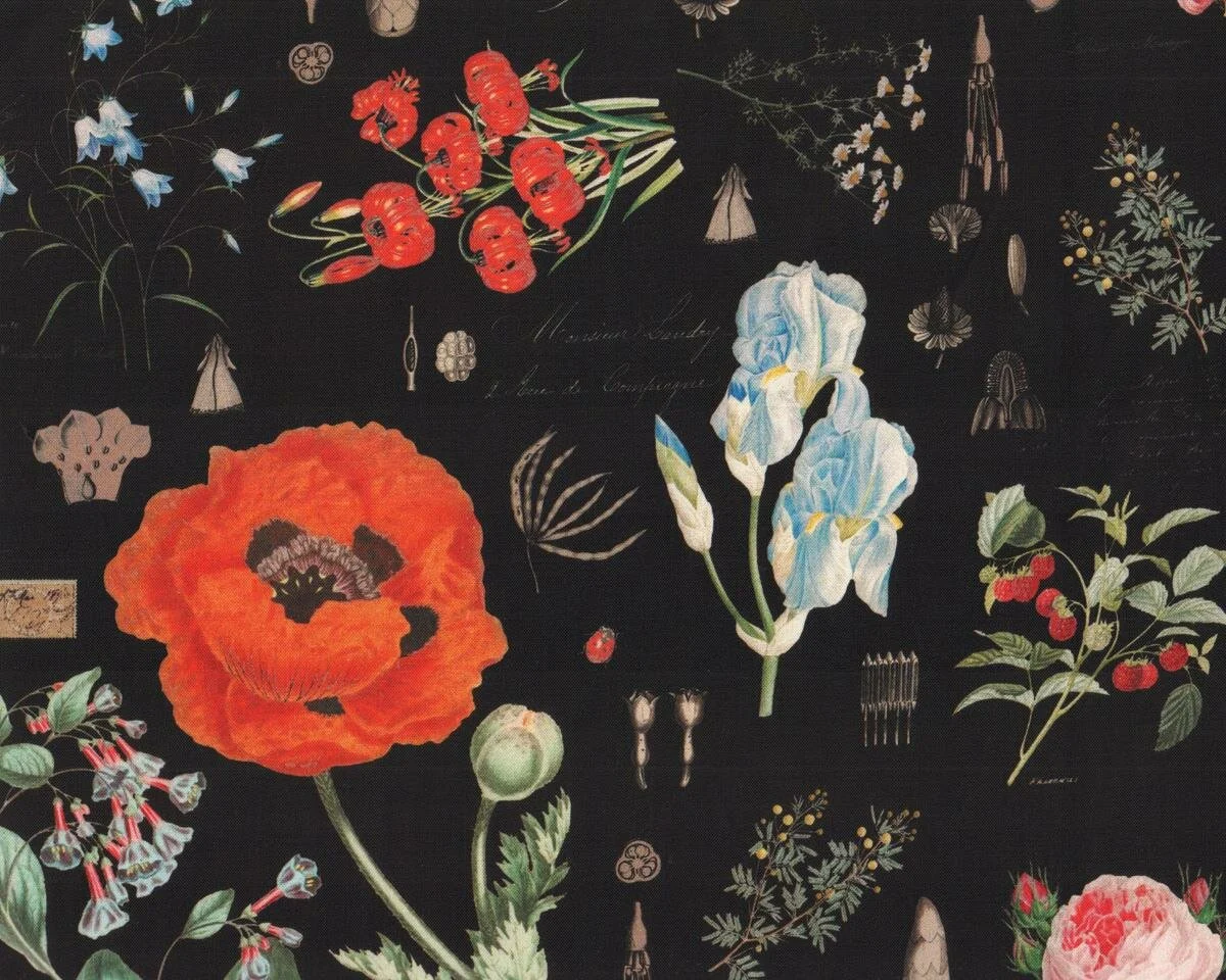 Patchworkstoff NO WEEDS HERE, Sommerblumen, schwarz
