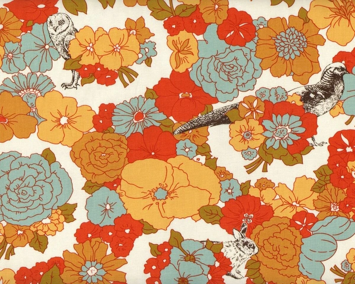 Patchworkstoff NOMAD, Waldtiere und Blumen, cremé-helles mintgrün, Moda Fabrics