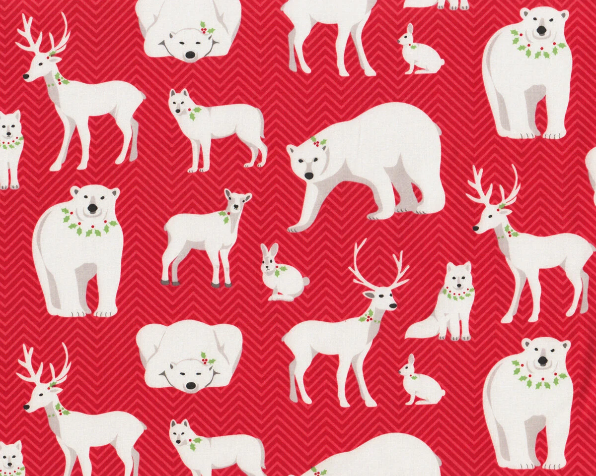 Patchworkstoff NORDIC HOLIDAY, Winter-Tiere, rot-weiß