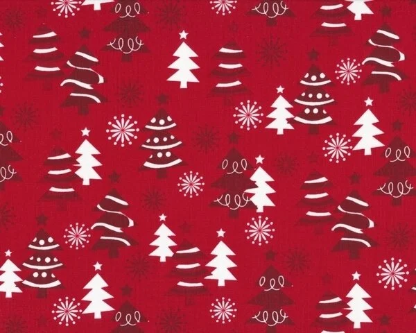 Patchworkstoff "O Tinsel Tree" mit Tannenbäumen und Sternen, dunkelrot-weiß