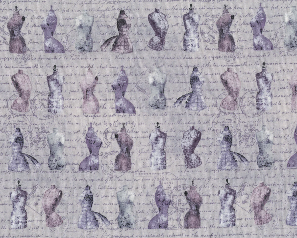 Patchworkstoff OH SEW BEAUTIFUL, Schneiderpuppen und Schrift, hellgrau-lavendel