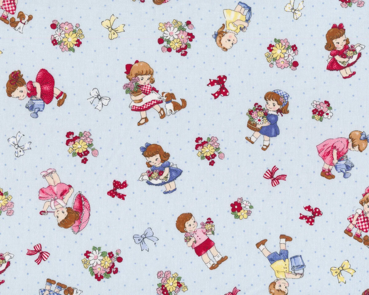 Patchworkstoff OLD NEW KIDS, Garten-Kinder, helles hellblau-dunkelrot