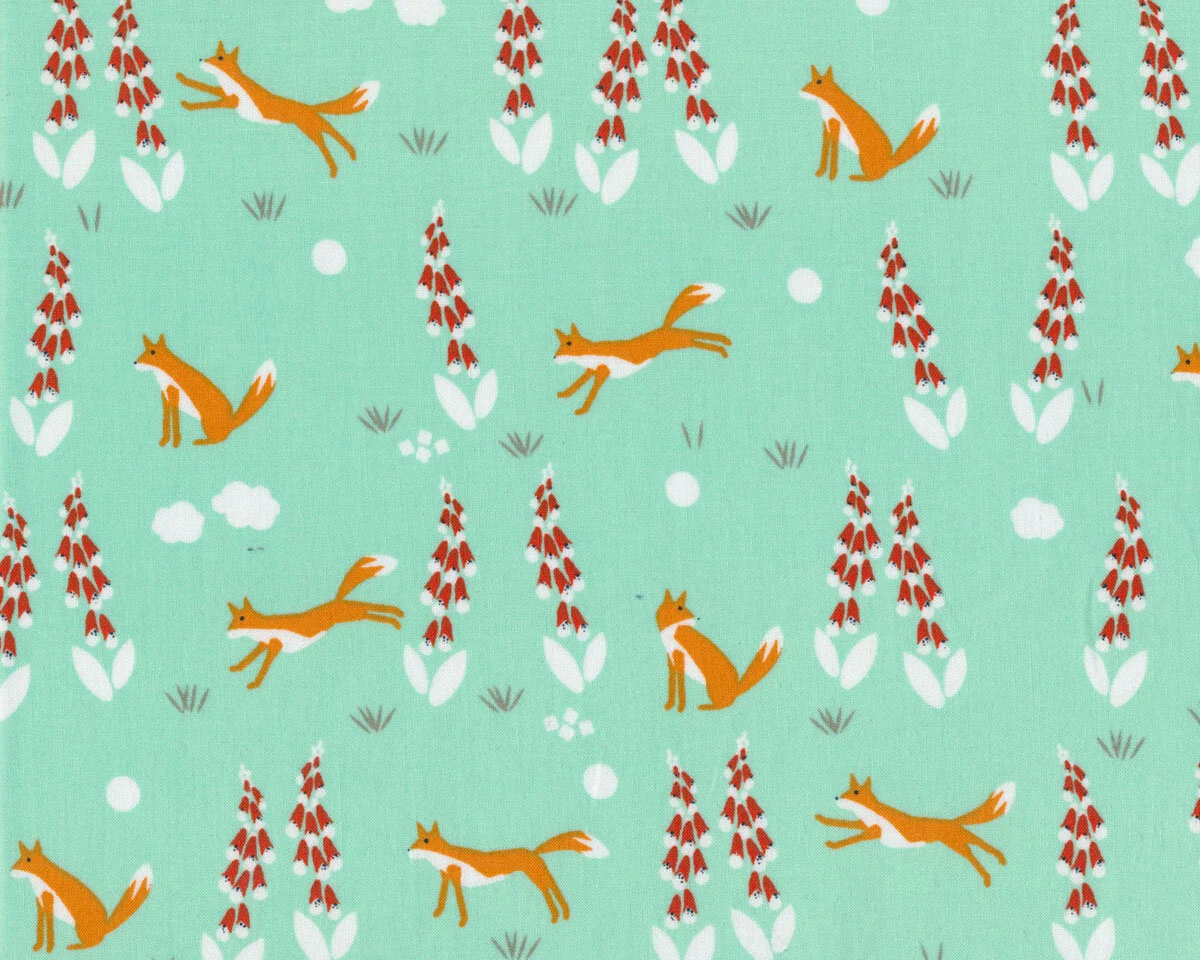 Patchworkstoff Organic Cotton FOXGLOVE, Füchse zwischen Fingerhüten, mintgrün