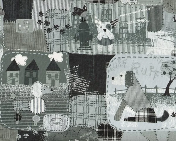 Patchworkstoff "Patches the Dog", Flicken mit Hunden und Eulen, grau-graublau-schwarz