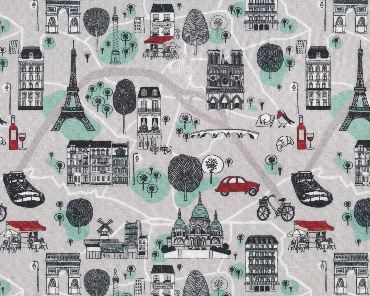 Patchworkstoff PENICHE, Stadtplan Paris, grau
