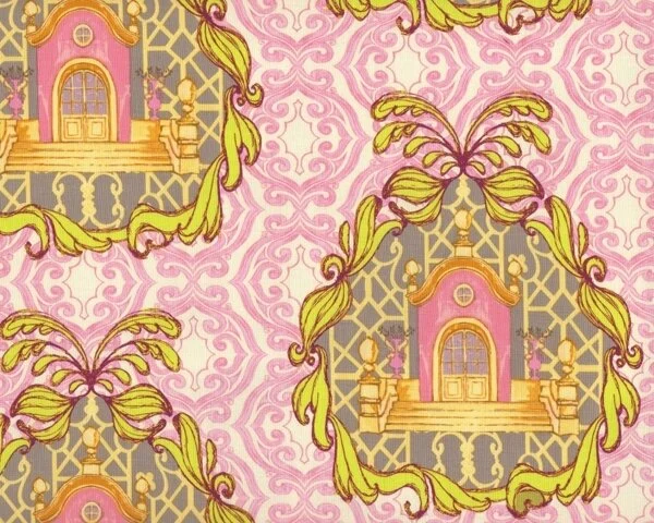 Patchworkstoff "Pernilla's Journey" mit barocken Schlösschen, helles altrosa-apfelgrün