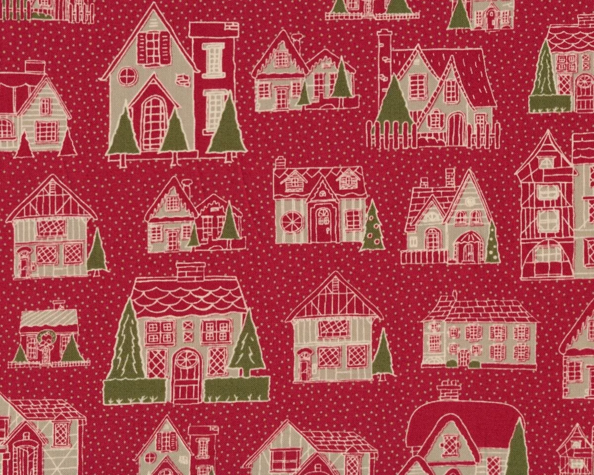 Patchworkstoff PETITES MAISONS DE NOEL, Häuser, gedecktes rot-natur, Moda Fabrics