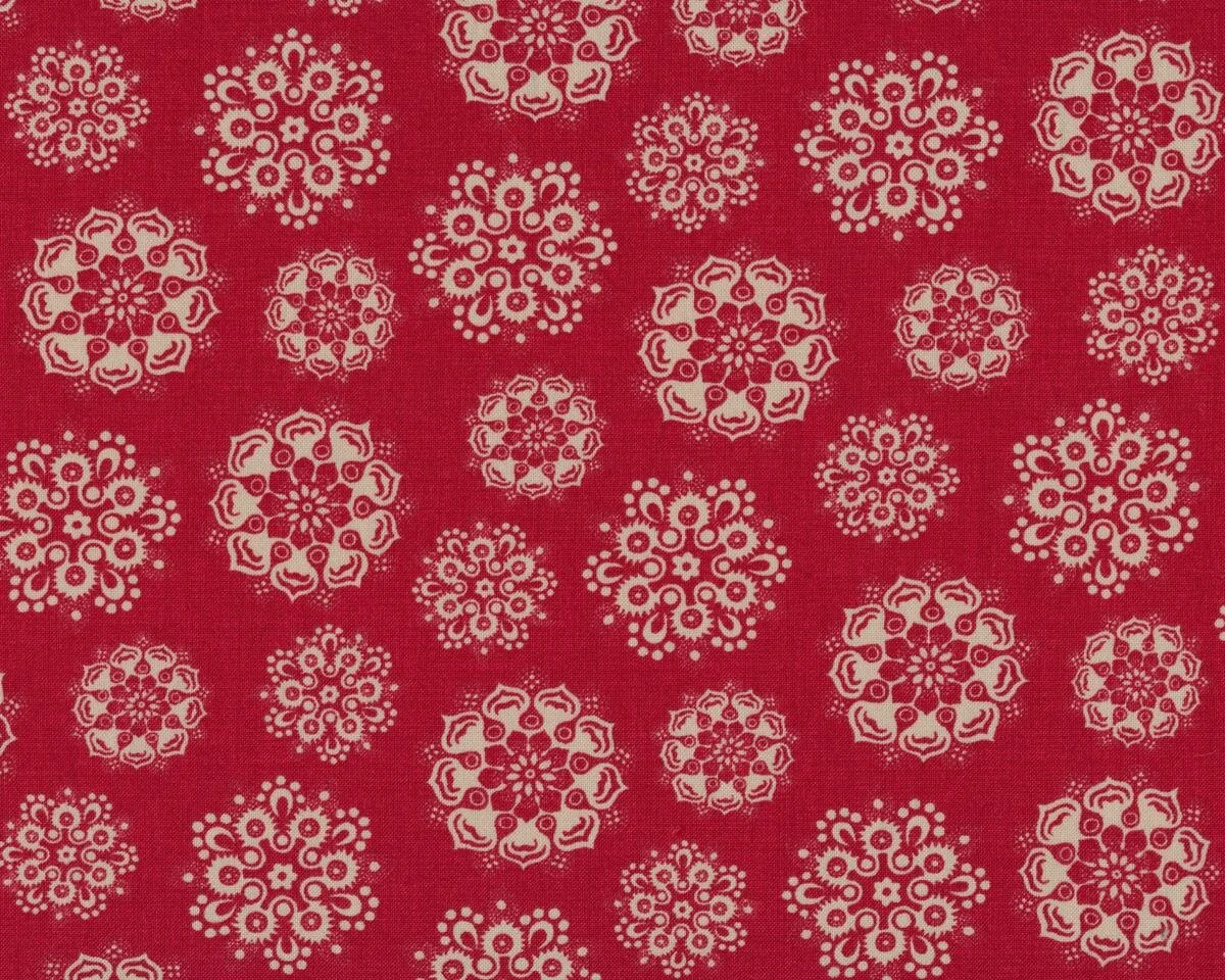 Patchworkstoff PETITES MAISONS DE NOEL, Ornament-Blumen, dunkelrot-natur, Moda Fabrics