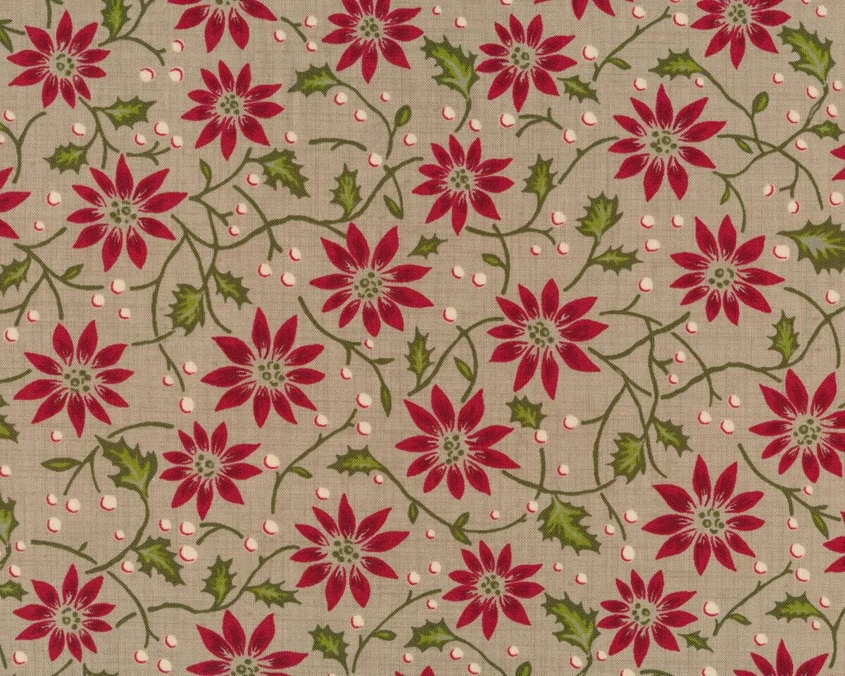 Patchworkstoff PETITES MAISONS DE NOEL, Weihnachtsblüten, natur-dunkelrot, Moda Fabrics
