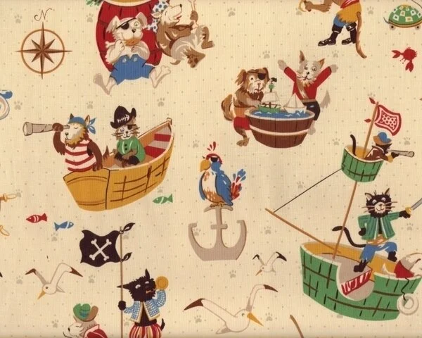 Patchworkstoff "Pirate Pups" mit lustigen Piraten-Hunden, elfenbein-rot-blau