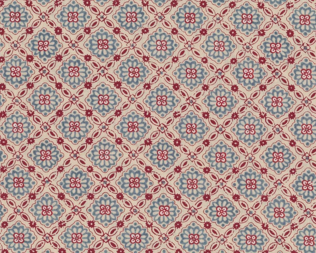 Patchworkstoff PONDICHERRY, Blüten-Rauten, hellbeige-taubenblau, Moda Fabrics