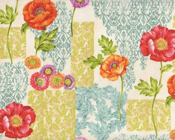 Patchworkstoff "Poppy Love", mit Patchwork-Blüten-Muster, orange-grün-gedecktes türkis