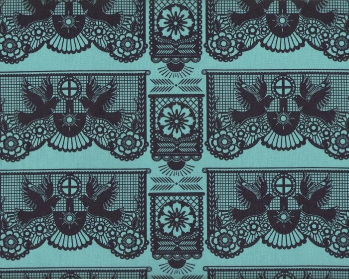 Patchworkstoff PRETTY POTENT, Tauben als Scherenschnitt, marineblau-gedecktes türkis