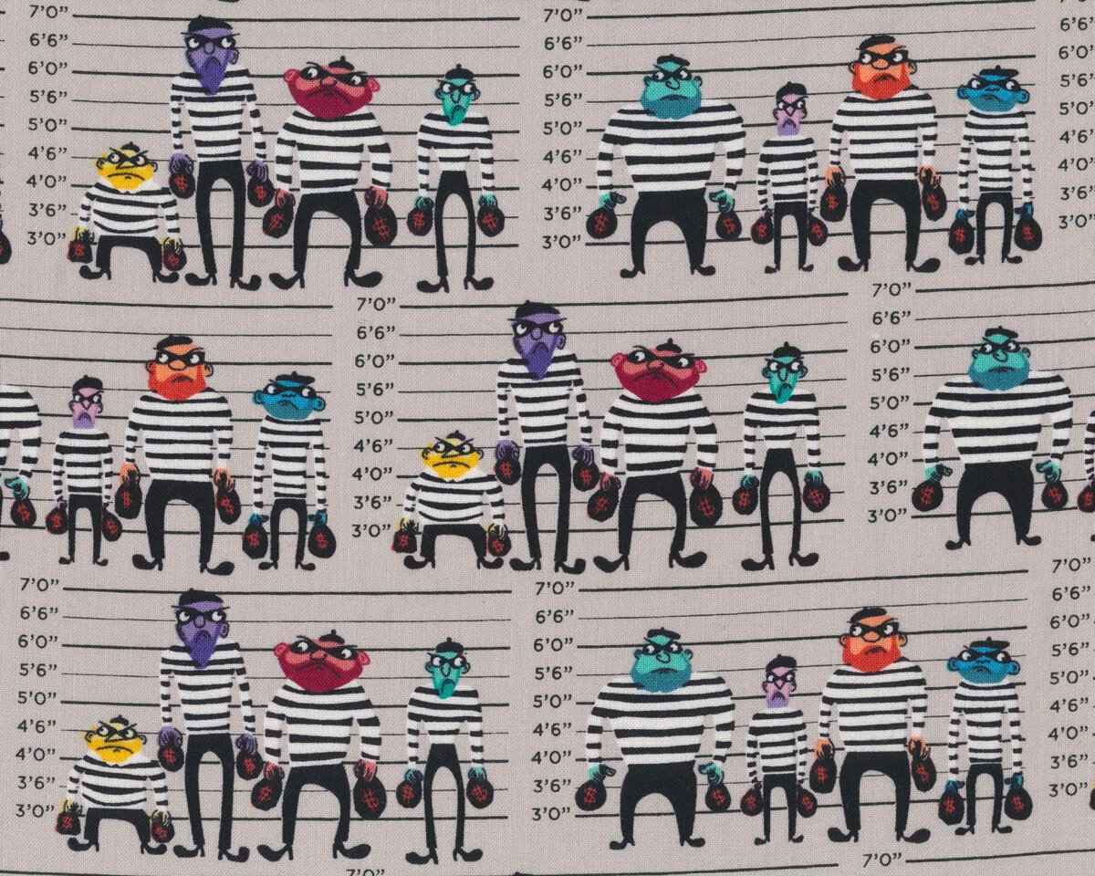 Patchworkstoff PRISONER LINEUP, witzige Ganoven, natur-schwarz