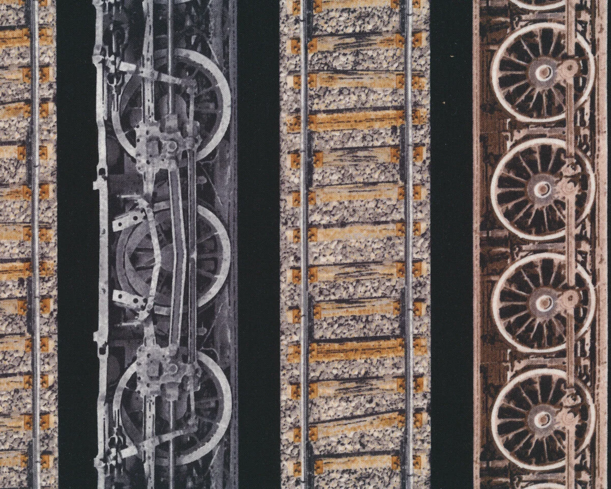 Patchworkstoff RAILWAY EXPRESS, Eisenbahn-Strecke, schwarz-braun