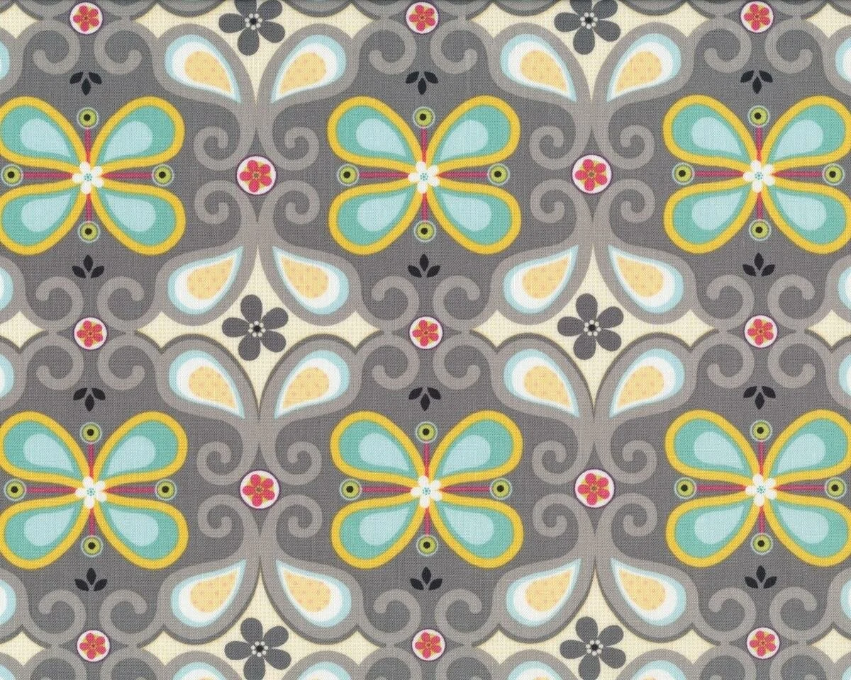 Patchworkstoff RHAPSODY BOP, Blumenornamente, steingrau-mintgrün