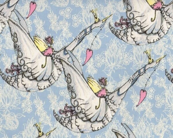 Patchworkstoff RIDDLES AND RHYMES, Fee mit Schwan, hellblau