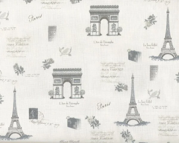 Patchworkstoff "Rosies Journey" mit Sehenswürdigkeiten von Paris, wollweiß-grau