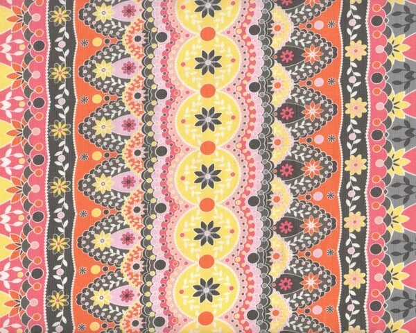 Patchworkstoff SILENT CINEMA mit Ornament-Bordüren-Streifen, pink-gelb, Jenean Morrison